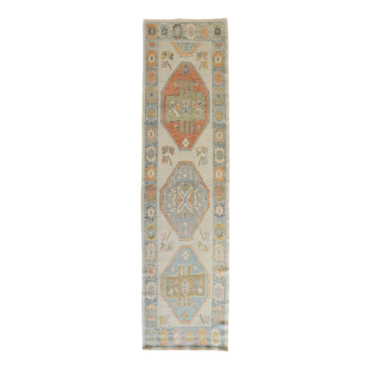 3' 3" x 12' 7" GRAY AND BLUE OUSHAK GEOMETRIC TURKISH RUG