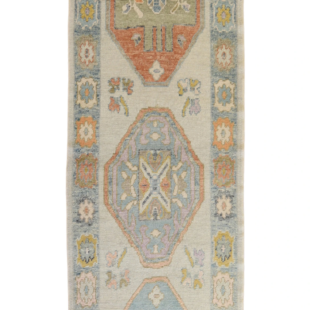 3' 3" x 12' 7" GRAY AND BLUE OUSHAK GEOMETRIC TURKISH RUG
