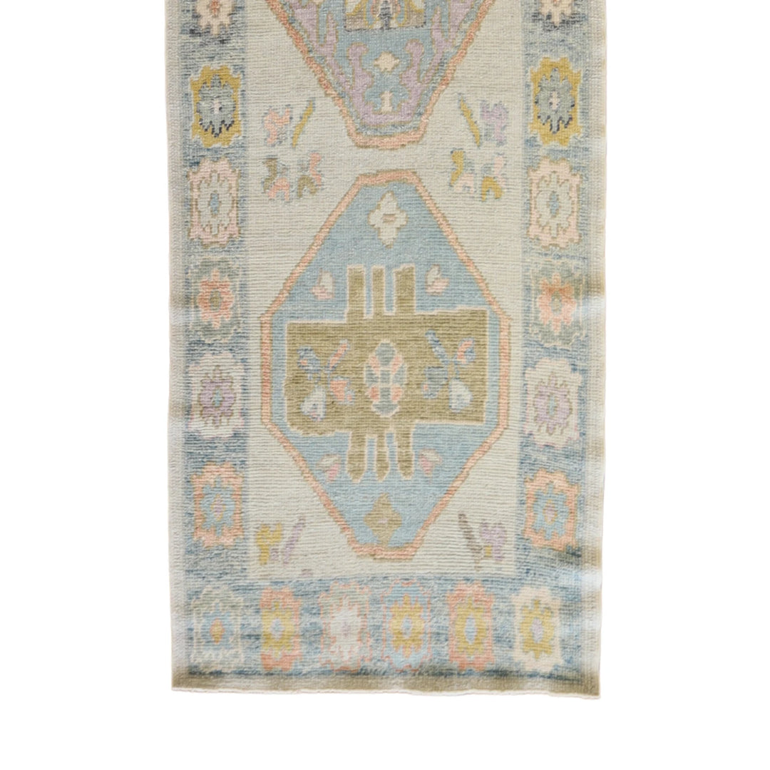 3' 3" x 12' 7" GRAY AND BLUE OUSHAK GEOMETRIC TURKISH RUG