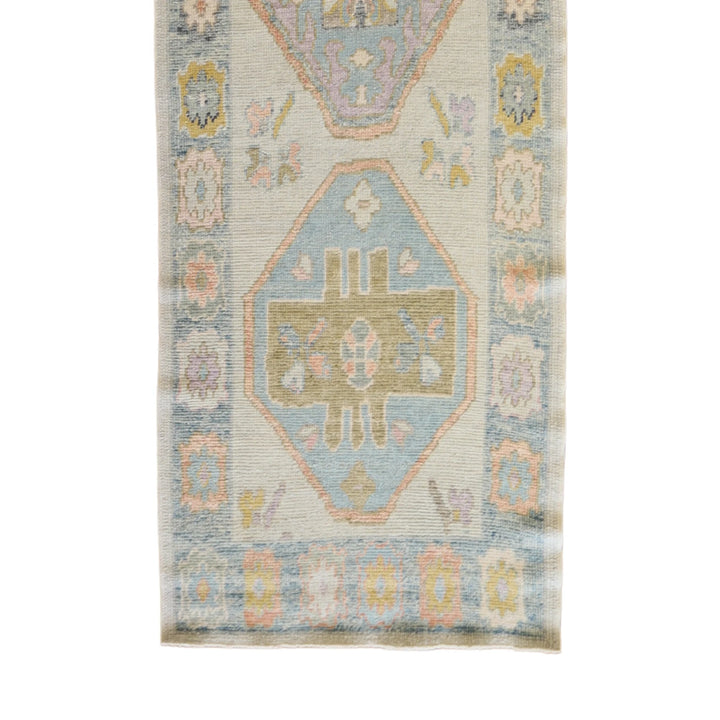 3' 3" x 12' 7" GRAY AND BLUE OUSHAK GEOMETRIC TURKISH RUG
