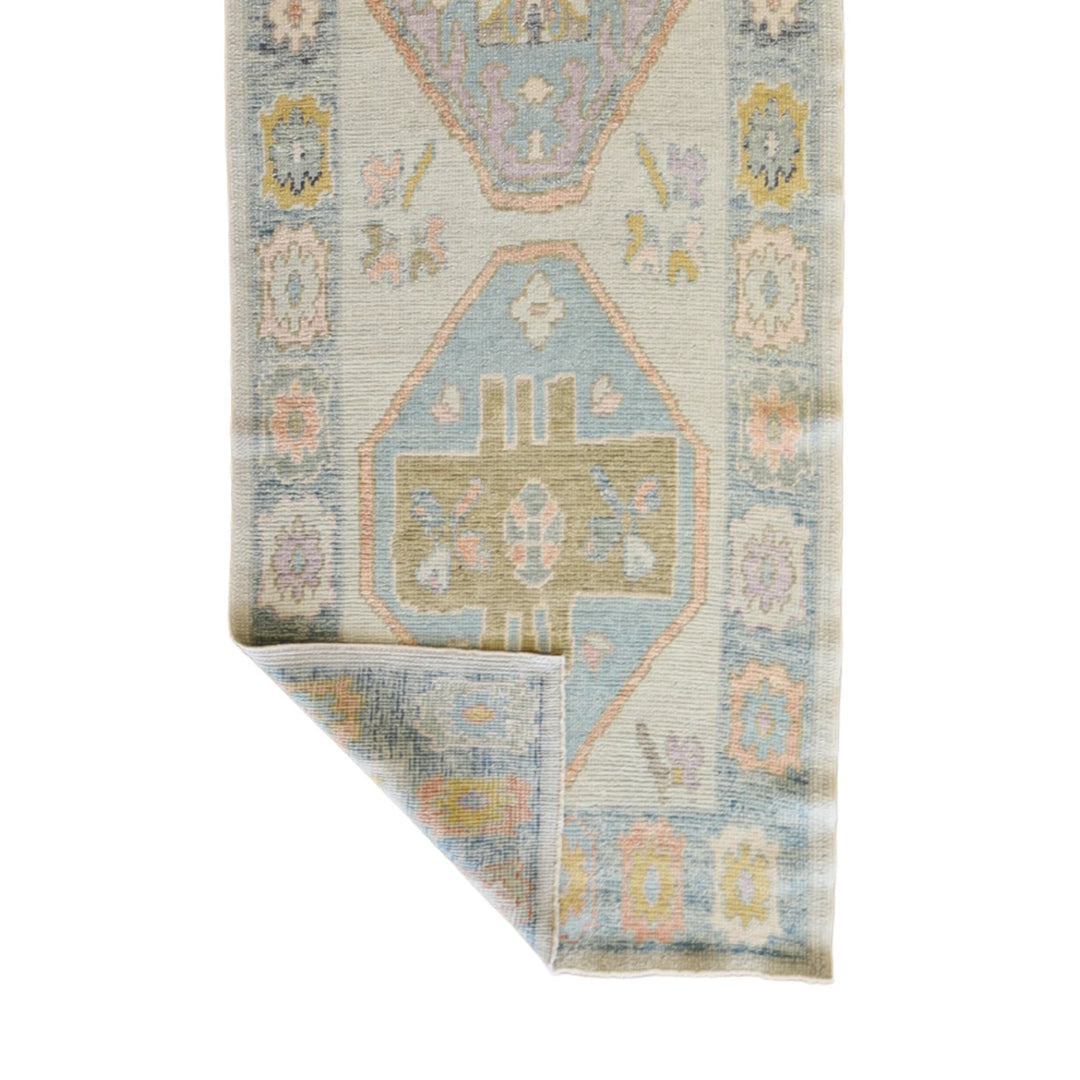 3' 3" x 12' 7" GRAY AND BLUE OUSHAK GEOMETRIC TURKISH RUG