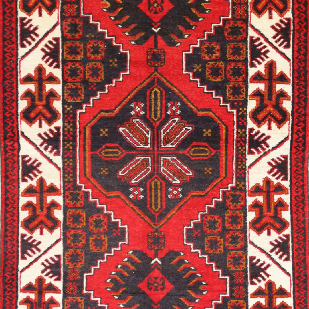 3'0" x 5'0" RED AND BEIGE TRIBAL GEOMETRIC TURKISH RUG