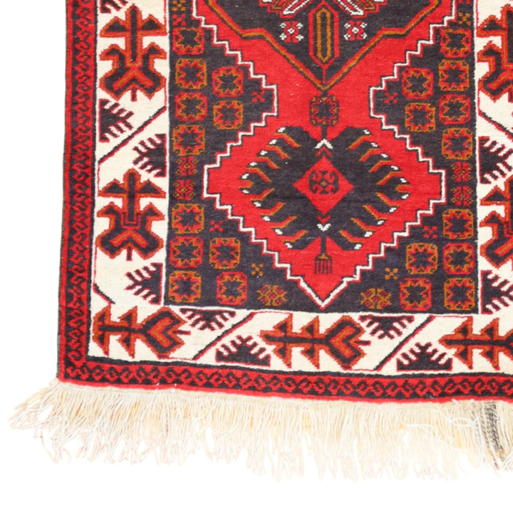 3'0" x 5'0" RED AND BEIGE TRIBAL GEOMETRIC TURKISH RUG