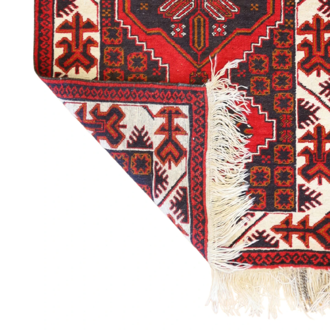 3'0" x 5'0" RED AND BEIGE TRIBAL GEOMETRIC TURKISH RUG
