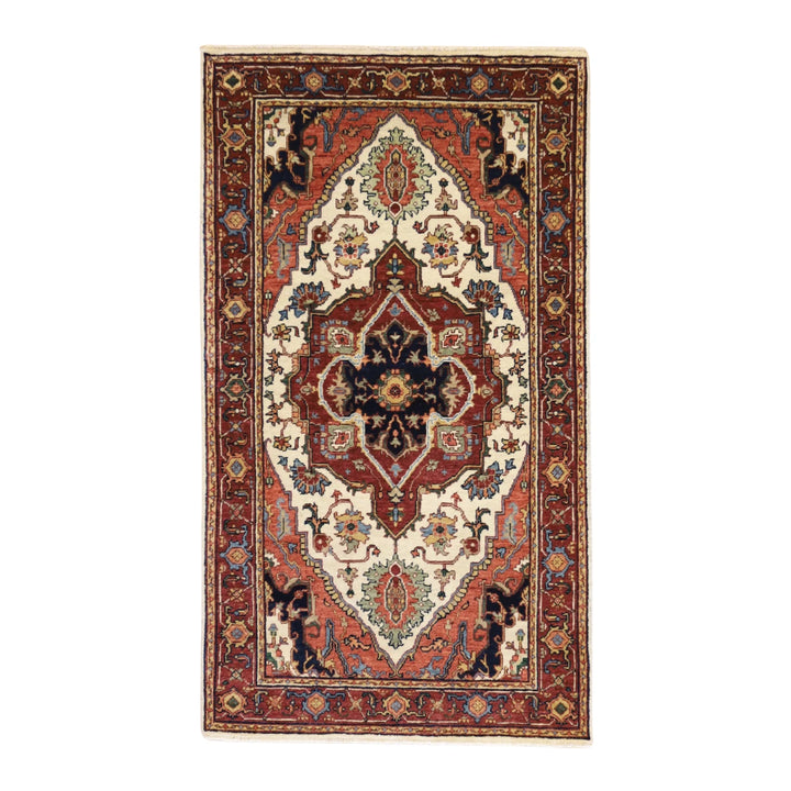 3'0" x 5'3" BEIGE AND RED SERAPI GEOMETRIC INDIAN RUG