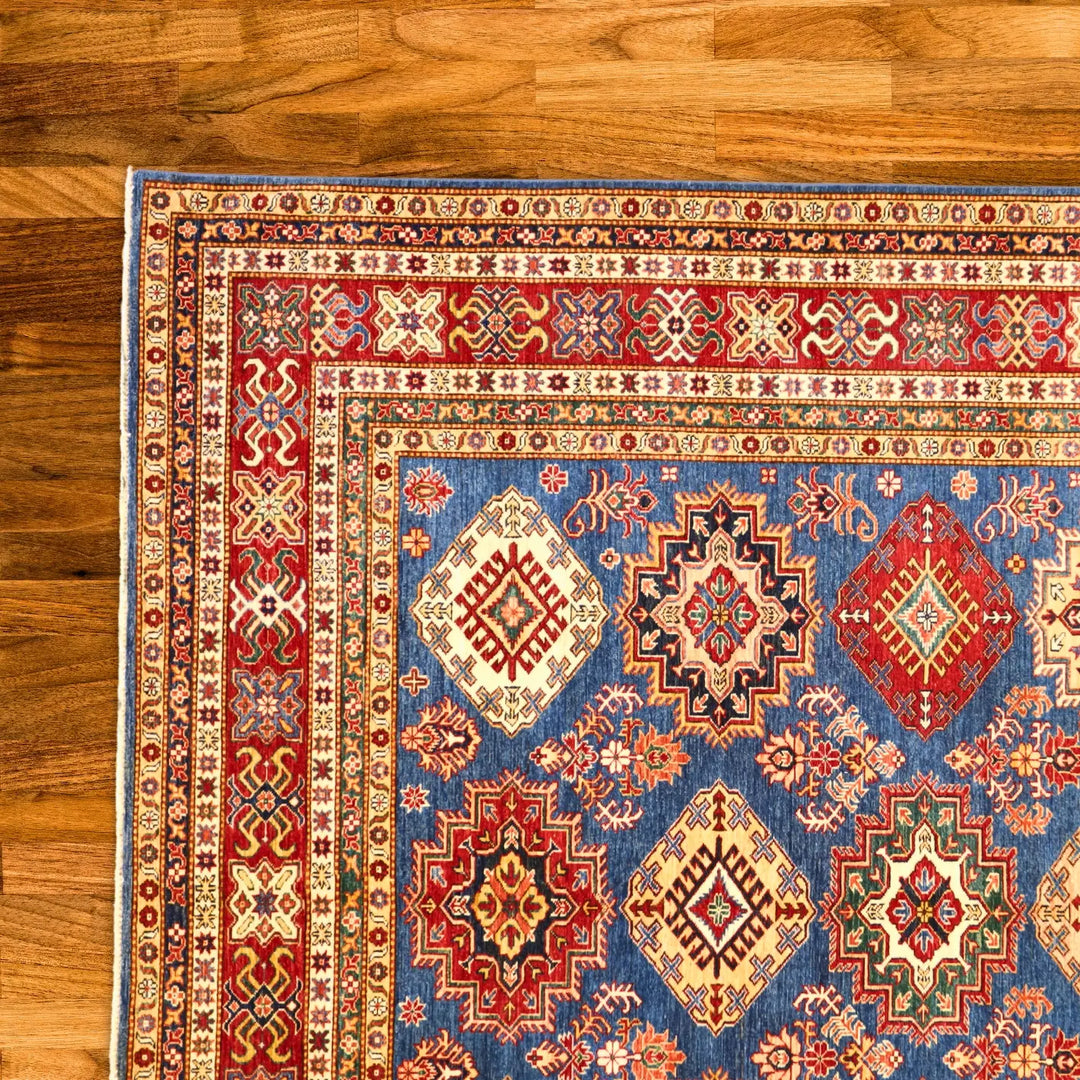 9'0" x 12'6" BLUE AND RED KAZAK PAKISTAN GEOMETRIC