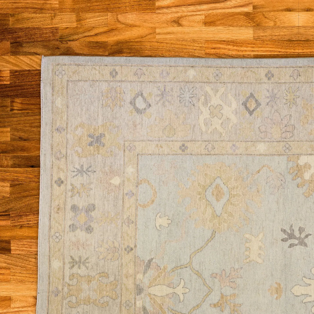 9'2" x 12'0" BLUE AND SILVER OUSHAK PAKISTAN GEOMETRIC