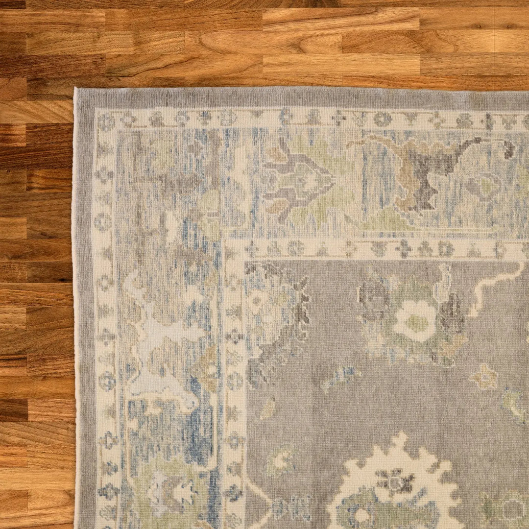 9'6" x 12'8" GRAY AND BLUE GEOMETRIC OUSHAK TURKISH RUG