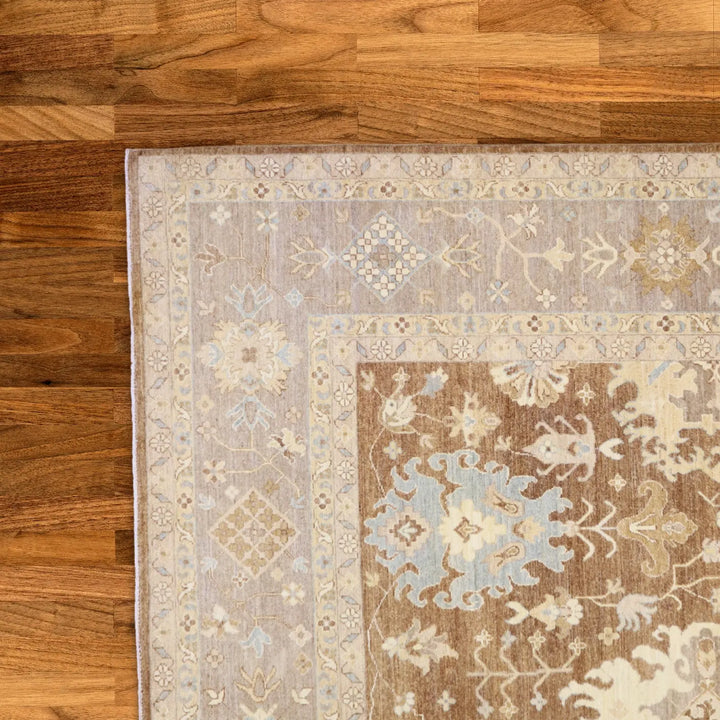 9'0" x 12'1" BROWN AND TAUPE PESHAWAR GEOMETRIC PAKISTANI RUG