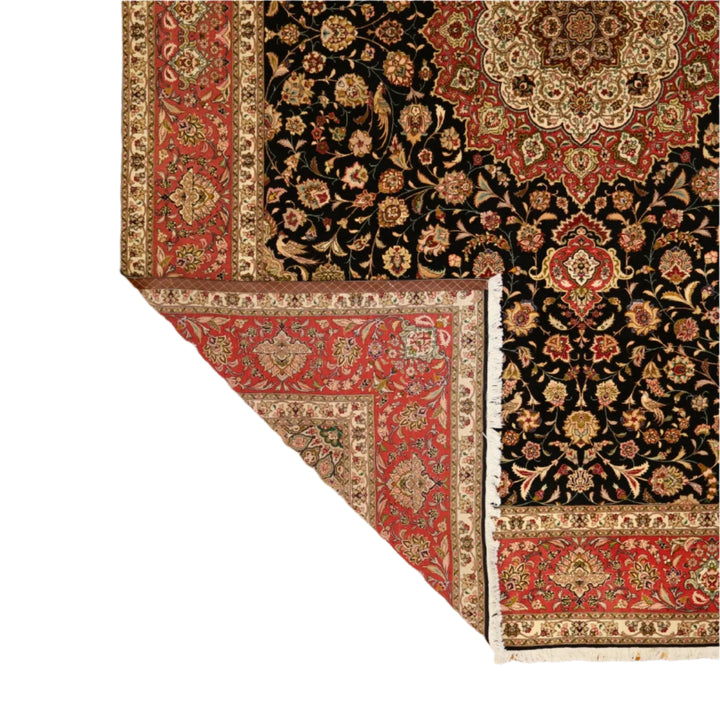 9'7" x  12'11" BLACK AND ROSE TABRIZ FLORAL PERSIAN RUG