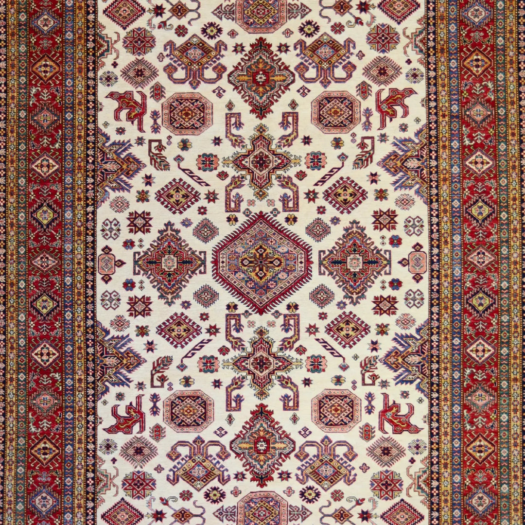 9'0" x 12'4" BEIGE AND RED KAZAK GEOMETRIC PAKISTANI RUG