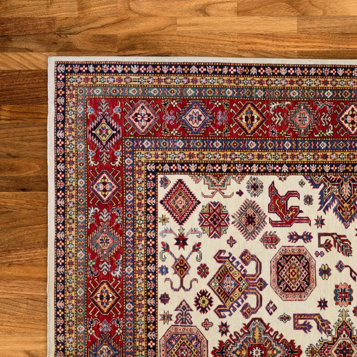9'0" x 12'4" BEIGE AND RED KAZAK GEOMETRIC PAKISTANI RUG