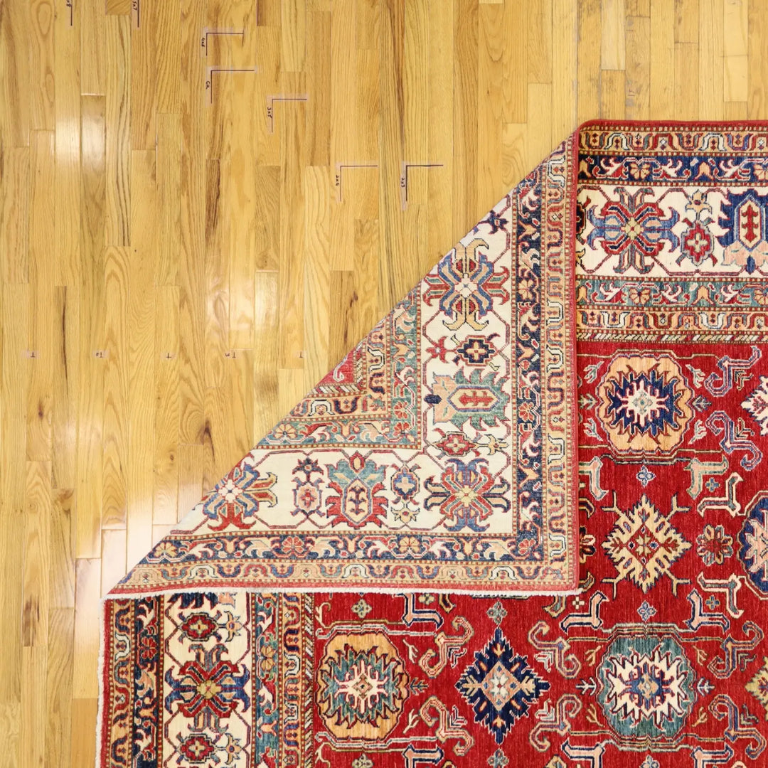 8'10" x 12'6" RED AND BEIGE KAZAK GEOMETRIC PAKISTANI RUG