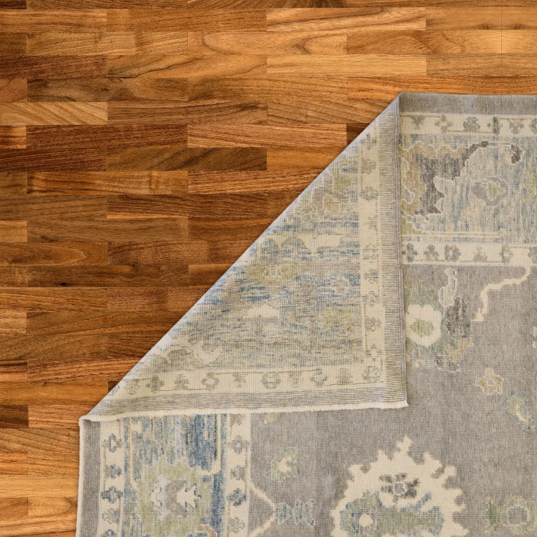 9'6" x 12'8" GRAY AND BLUE GEOMETRIC OUSHAK TURKISH RUG
