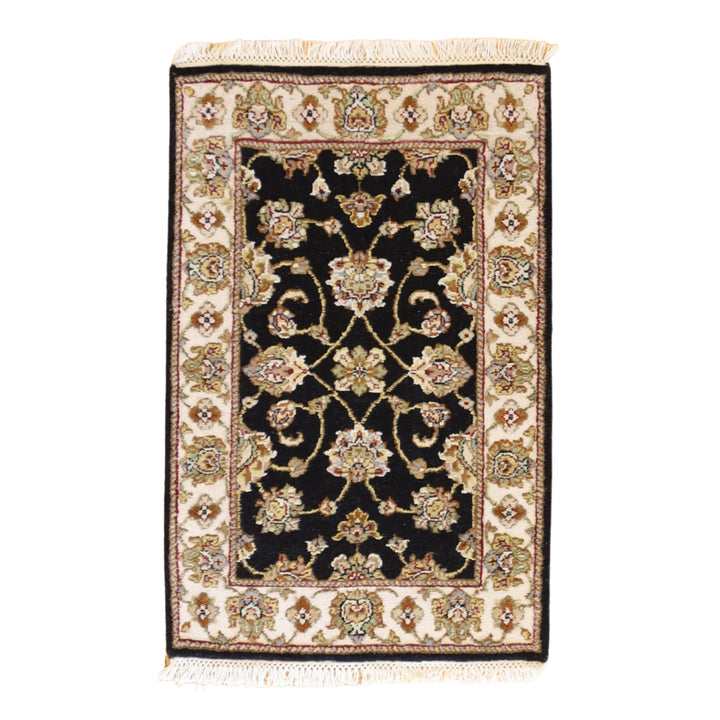 2'0" x 3'0" BLACK AND IVORY JAIPUR FLORAL INDIAN RUG