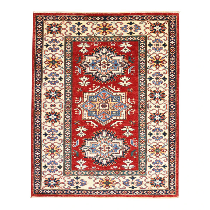 3'6" x 4'4" RED AND IVORY KAZAK GEOMETRIC PAKISTANI RUG