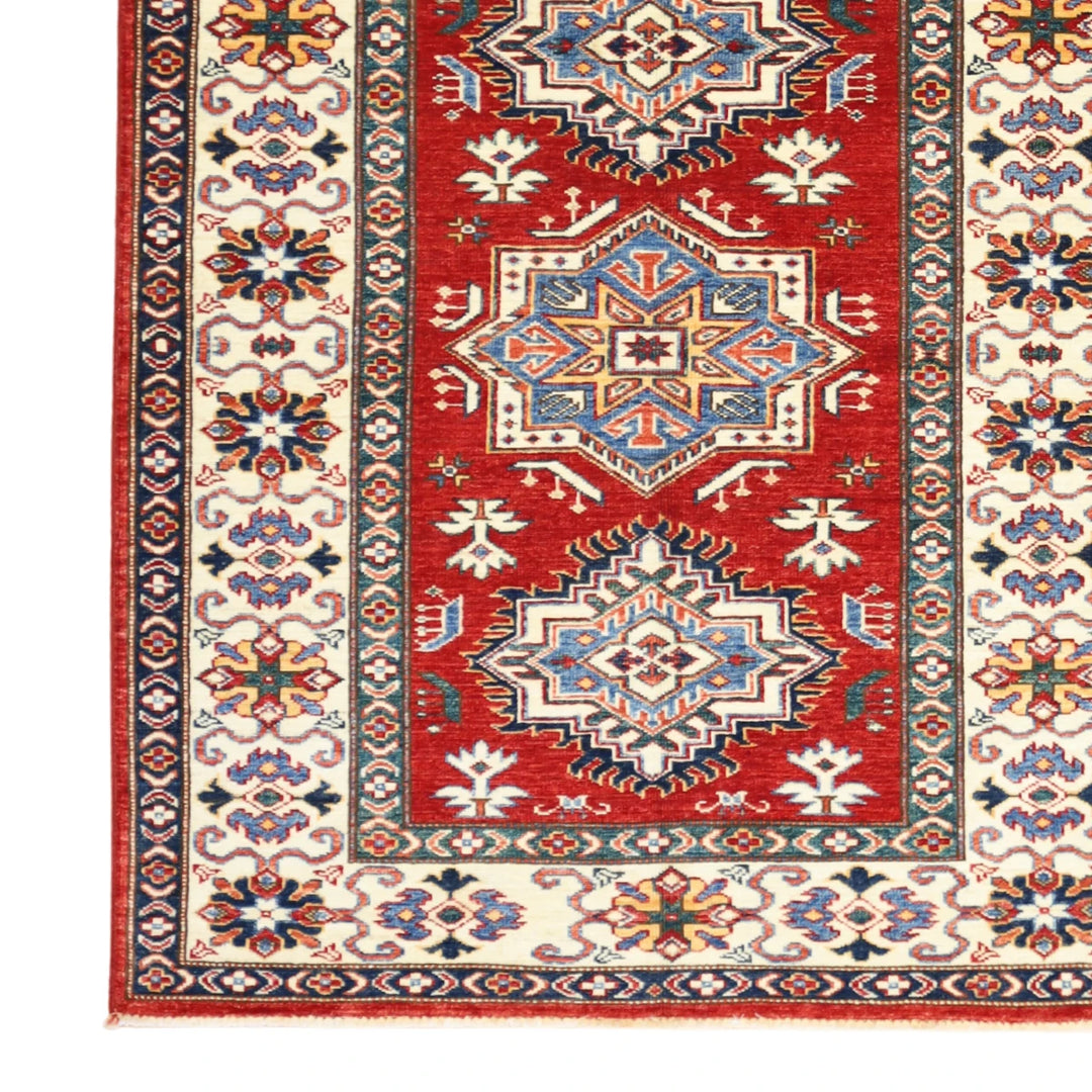 3'6" x 4'4" RED AND IVORY KAZAK GEOMETRIC PAKISTANI RUG
