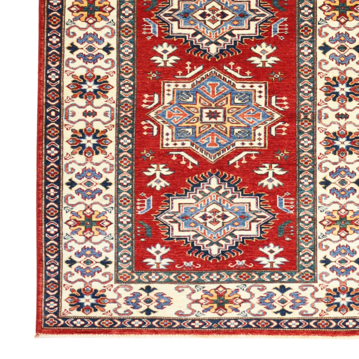 3'6" x 4'4" RED AND IVORY KAZAK GEOMETRIC PAKISTANI RUG