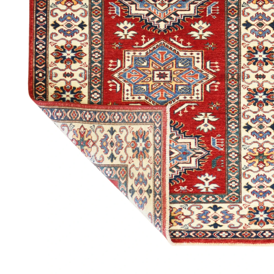 3'6" x 4'4" RED AND IVORY KAZAK GEOMETRIC PAKISTANI RUG