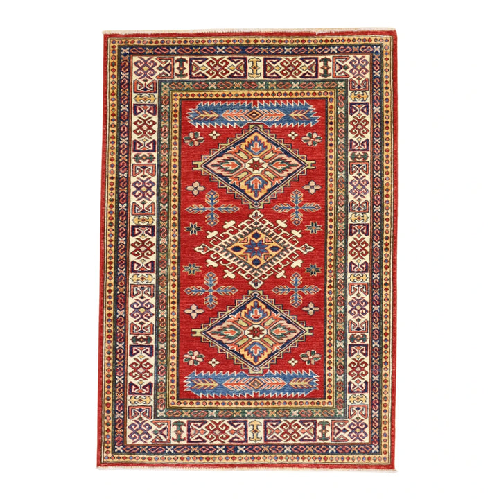 3'3" x 4'10" RED AND IVORY KAZAK GEOMETRIC PAKISTANI RUG