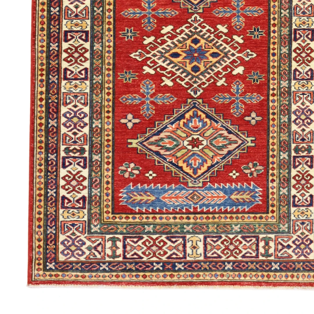 3'3" x 4'10" RED AND IVORY KAZAK GEOMETRIC PAKISTANI RUG