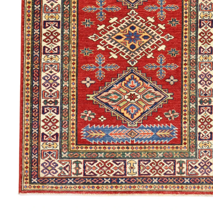 3'3" x 4'10" RED AND IVORY KAZAK GEOMETRIC PAKISTANI RUG