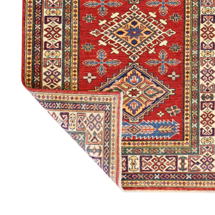 3'3" x 4'10" RED AND IVORY KAZAK GEOMETRIC PAKISTANI RUG