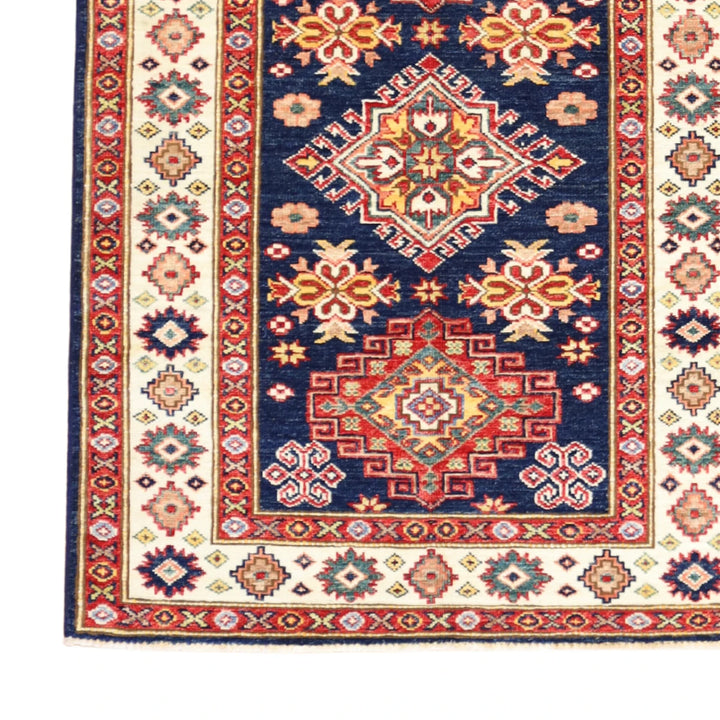 3'0" x 4'1" NAVY AND IVORY KAZAK GEOMETRIC PAKISTANI RUG