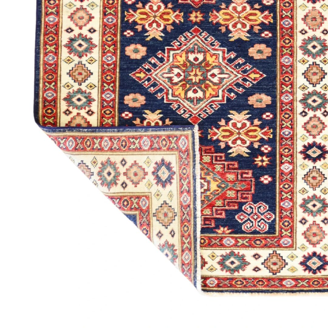 3'0" x 4'1" NAVY AND IVORY KAZAK GEOMETRIC PAKISTANI RUG