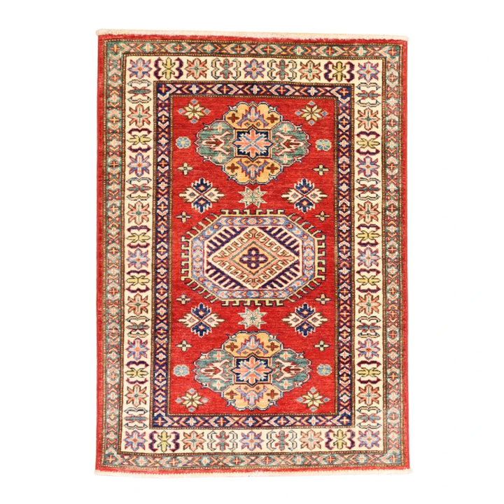2'9" x 3'10" RED AND IVORY KAZAK GEOMETRIC PAKISTANI RUG