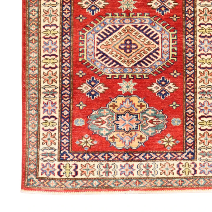 2'9" x 3'10" RED AND IVORY KAZAK GEOMETRIC PAKISTANI RUG