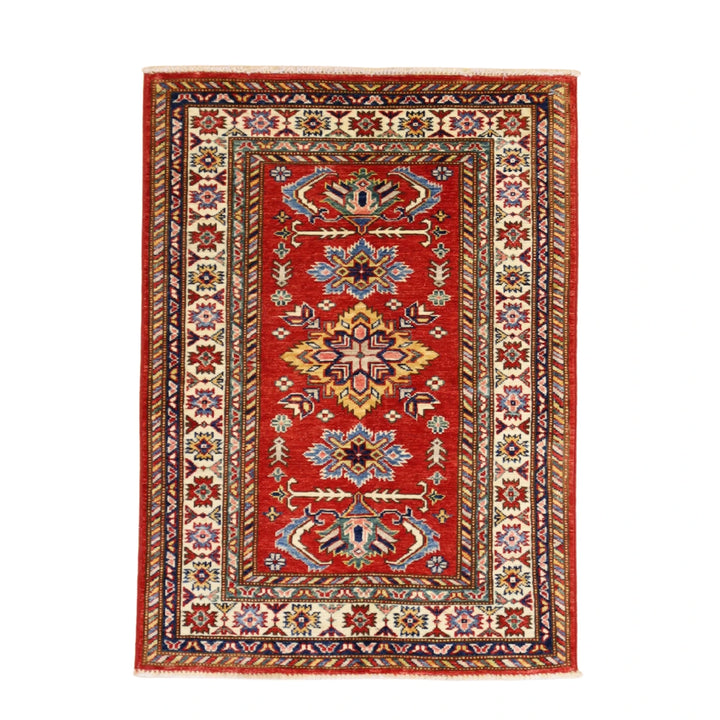2'8" x 3'7" RED AND IVORY KAZAK GEOMETRIC PAKISTANI RUG