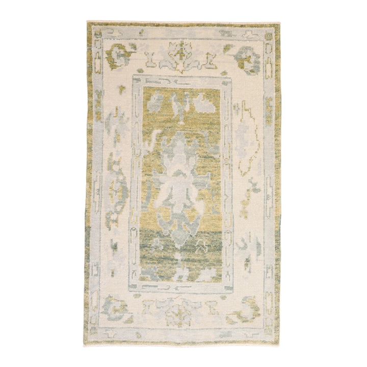 3'1" x 5'1" GREEN AND IVORY OUSHAK GEOMETRIC TURKISH RUG