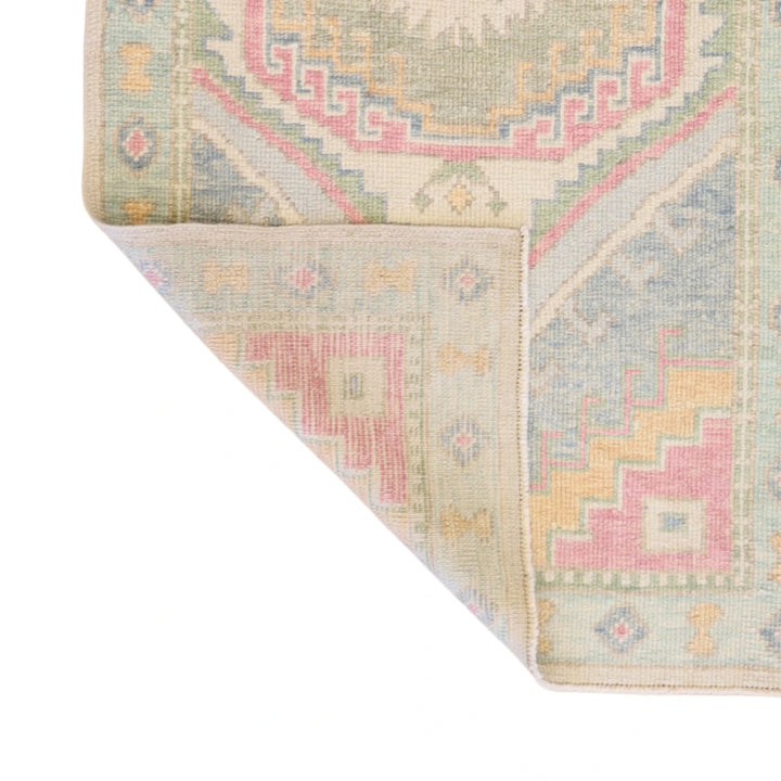 3'1" x 5'8" GREEN AND BLUE OUSHAK GEOMETRIC TURKISH RUG