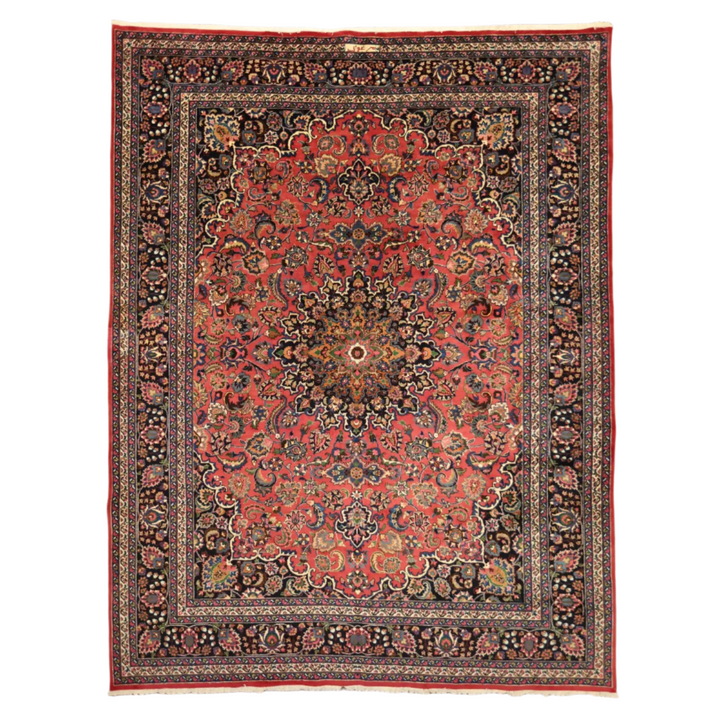 10'2" x 13'0" RED AND NAVY MASHAD PERSIA FLORAL