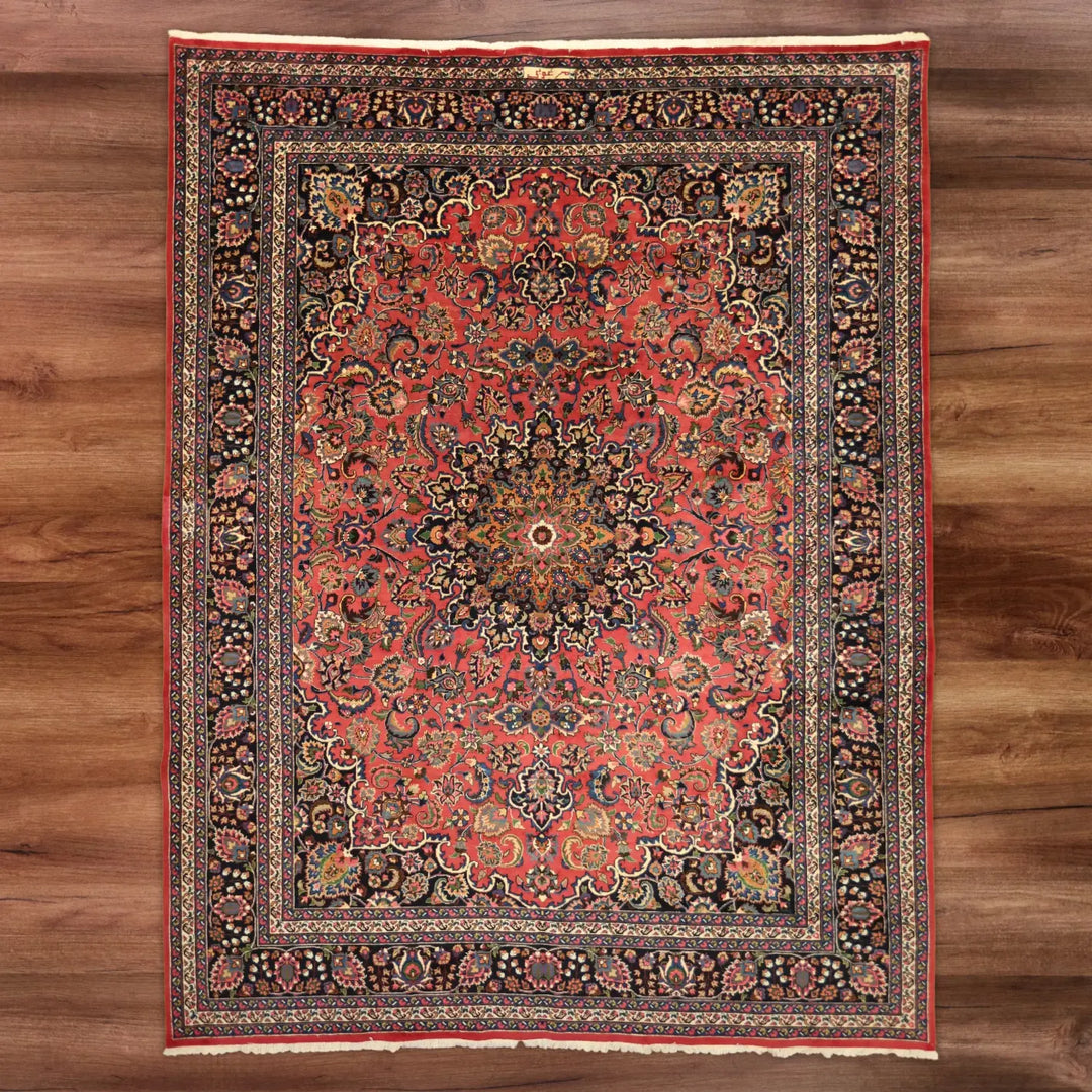 10'2" x 13'0" RED AND NAVY MASHAD PERSIA FLORAL