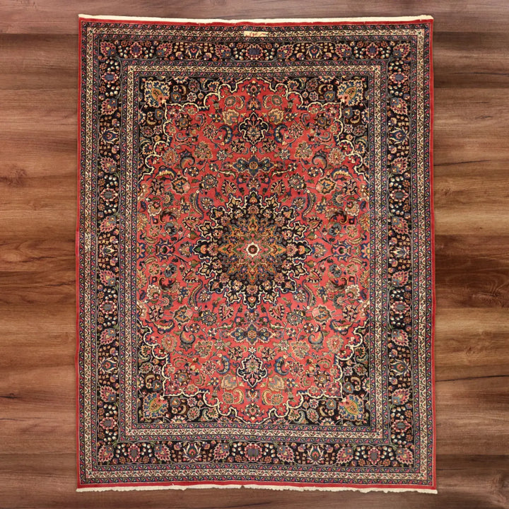 10'2" x 13'0" RED AND NAVY MASHAD PERSIA FLORAL