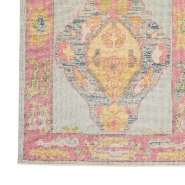 2'9" x 5'7" BLUE AND PINK OUSHAK GEOMETRIC TURKISH RUG
