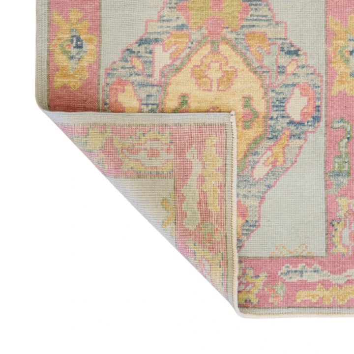 2'9" x 5'7" BLUE AND PINK OUSHAK GEOMETRIC TURKISH RUG