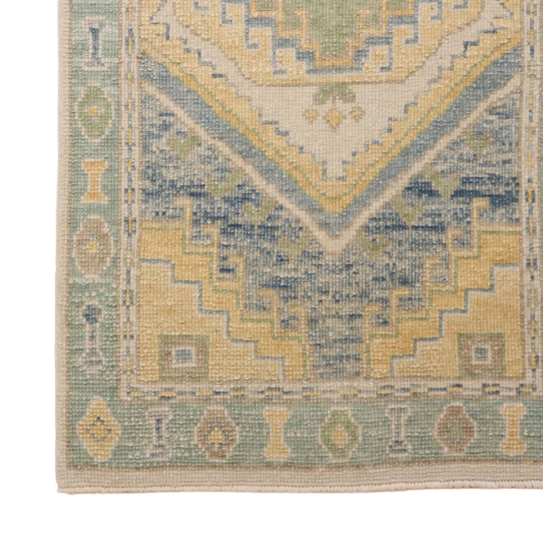 3'0" x 6'5" BLUE AND TEAL OUSHAK GEOMETRIC TURKISH RUG