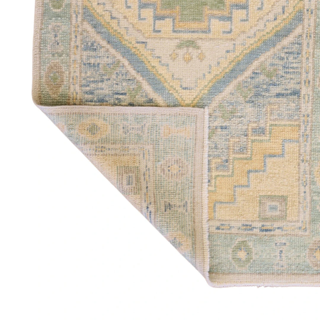 3'0" x 6'5" BLUE AND TEAL OUSHAK GEOMETRIC TURKISH RUG