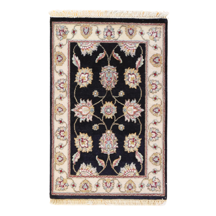 2'0" x 3'0" BLACK AND IVORY JAIPUR FLORAL INDIAN RUG