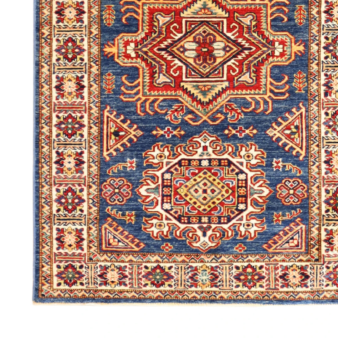 3'4" x 4'11" BLUE AND IVORY KAZAK GEOMETRIC PAKISTANI RUG