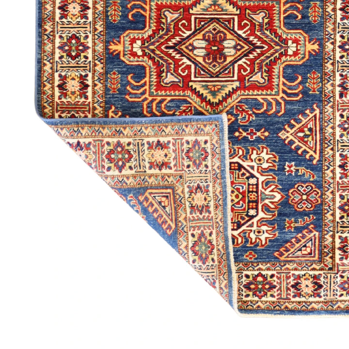 3'4" x 4'11" BLUE AND IVORY KAZAK GEOMETRIC PAKISTANI RUG
