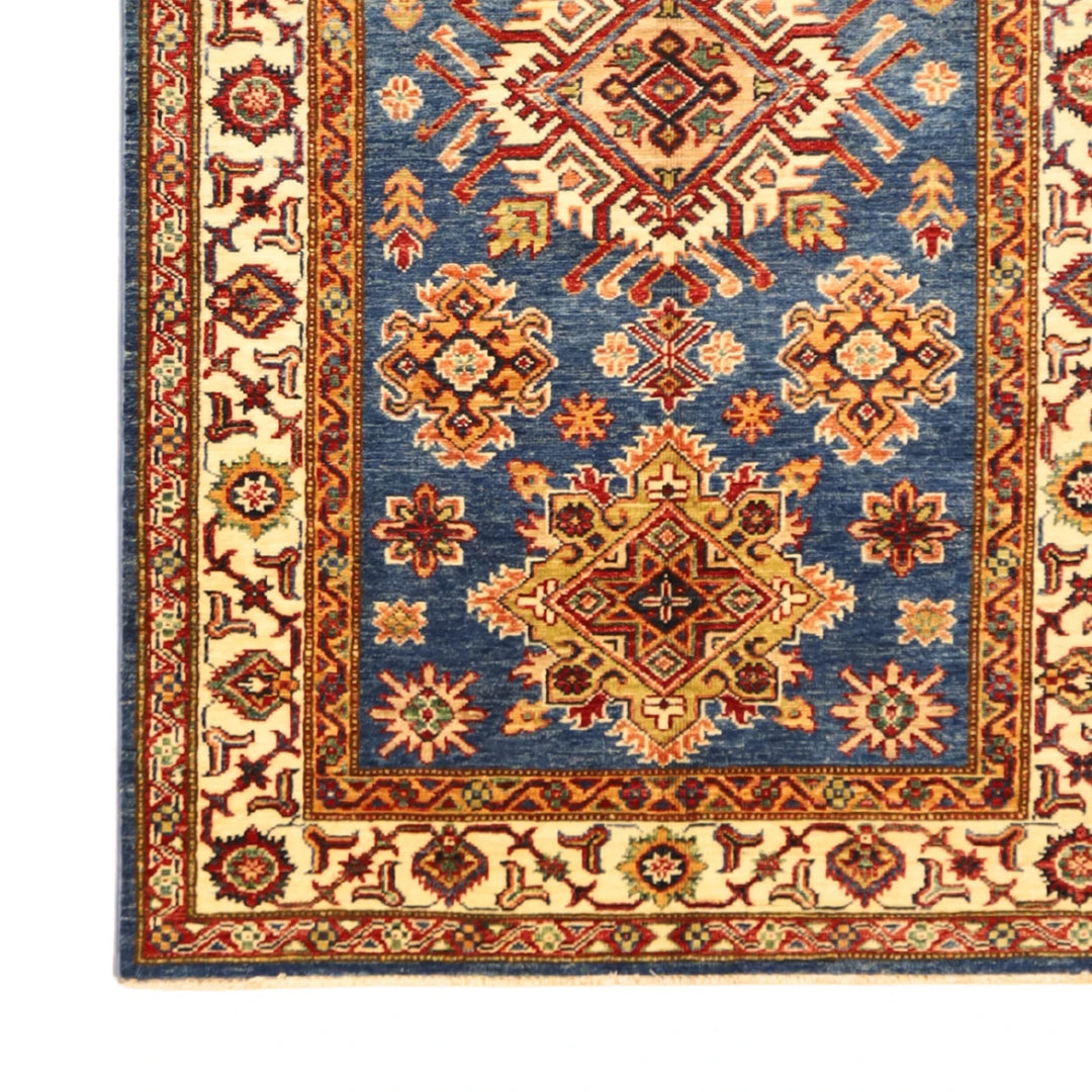 3'4" x 5'3" BLUE AND IVORY KAZAK GEOMETRIC PAKISTANI RUG