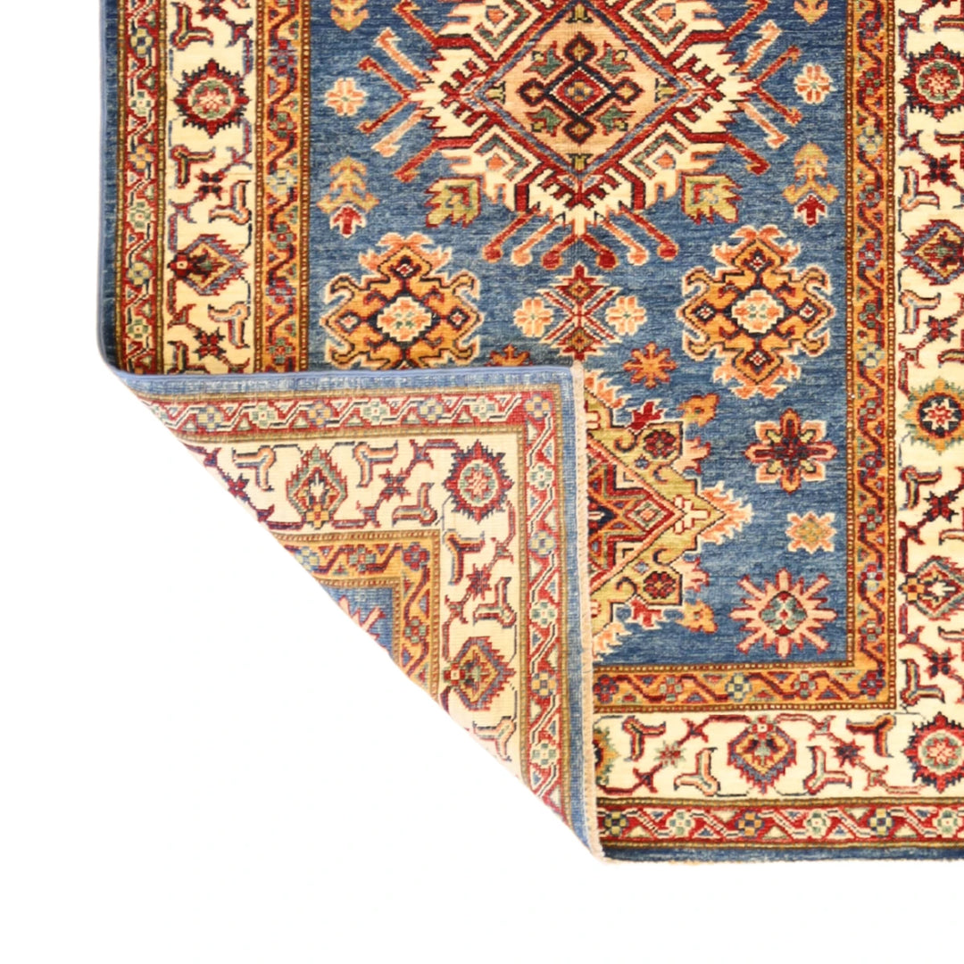 3'4" x 5'3" BLUE AND IVORY KAZAK GEOMETRIC PAKISTANI RUG