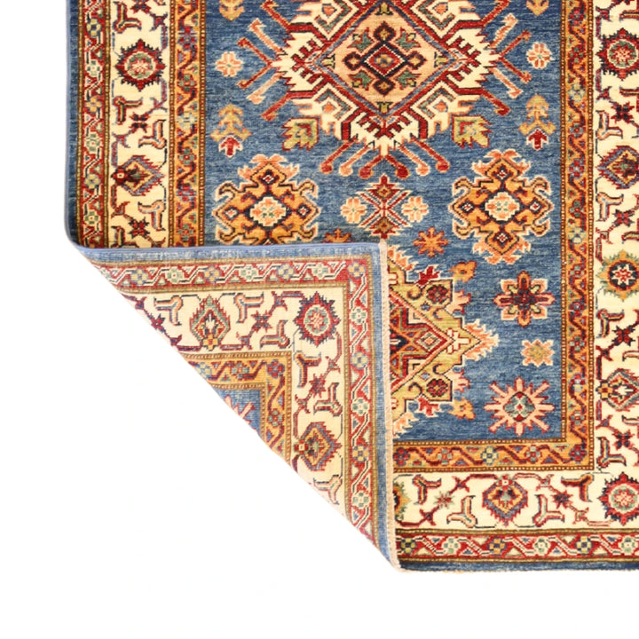 3'4" x 5'3" BLUE AND IVORY KAZAK GEOMETRIC PAKISTANI RUG