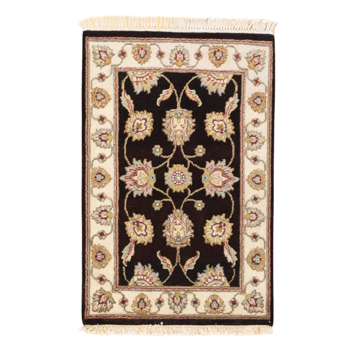 2'0" x 3'0" BLACK AND IVORY JAIPUR FLORAL INDIAN RUG