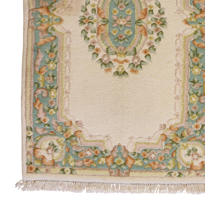 3'0" x 5'0" BEIGE AND GREEN AUBUSSON FLORAL INDIAN RUG