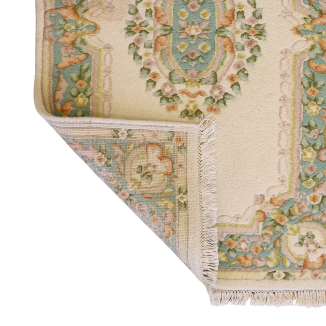 3'0" x 5'0" BEIGE AND GREEN AUBUSSON FLORAL INDIAN RUG